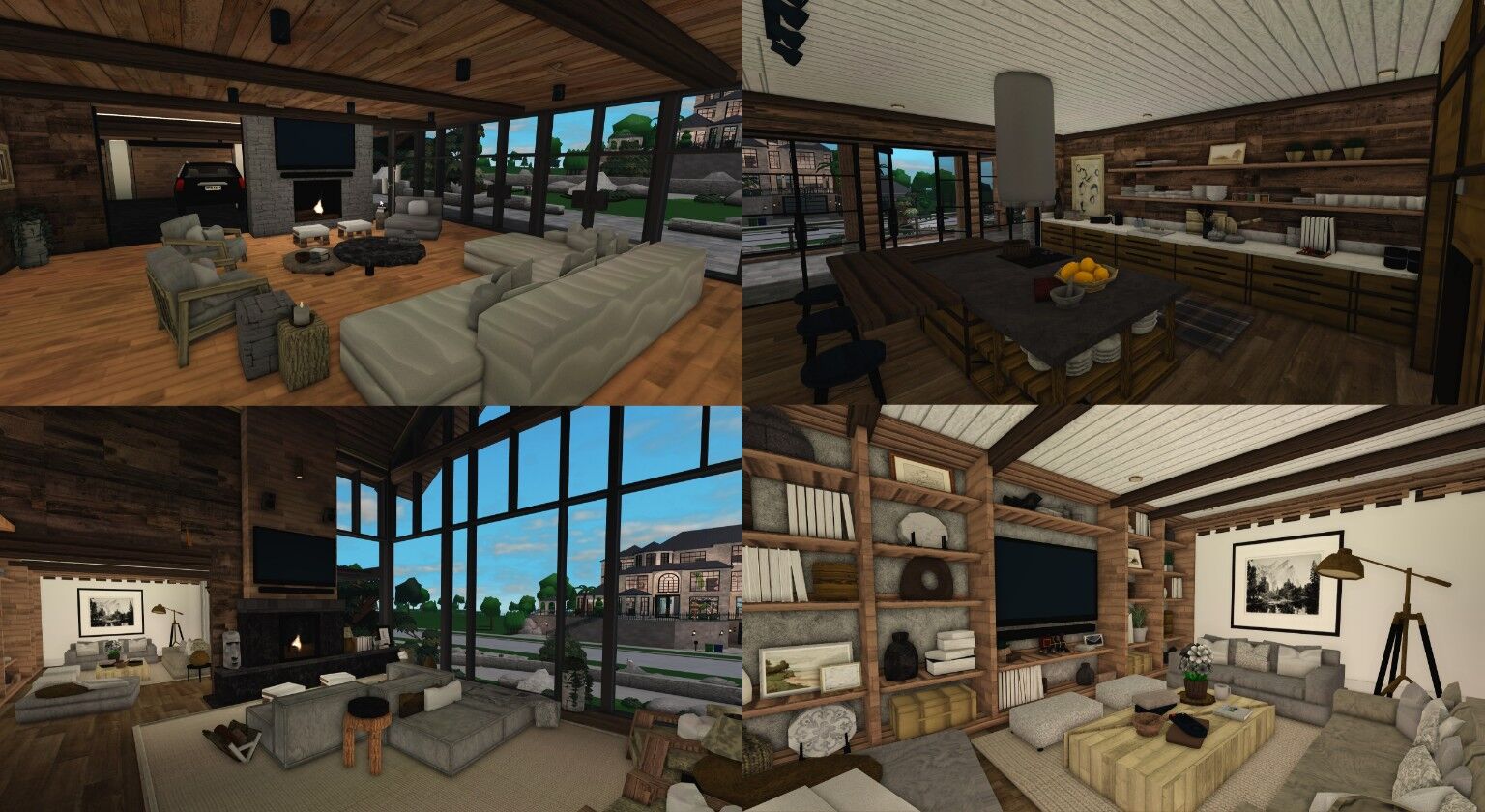 Grand Timber Lodge living rooms with grey sofas around a fireplace and floor to ceiling windows