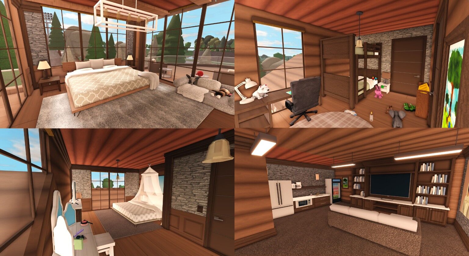 Rooms in Timberline Lodge: bedrooms with wood panelled walls and cream bedding, a desk corner and a family room