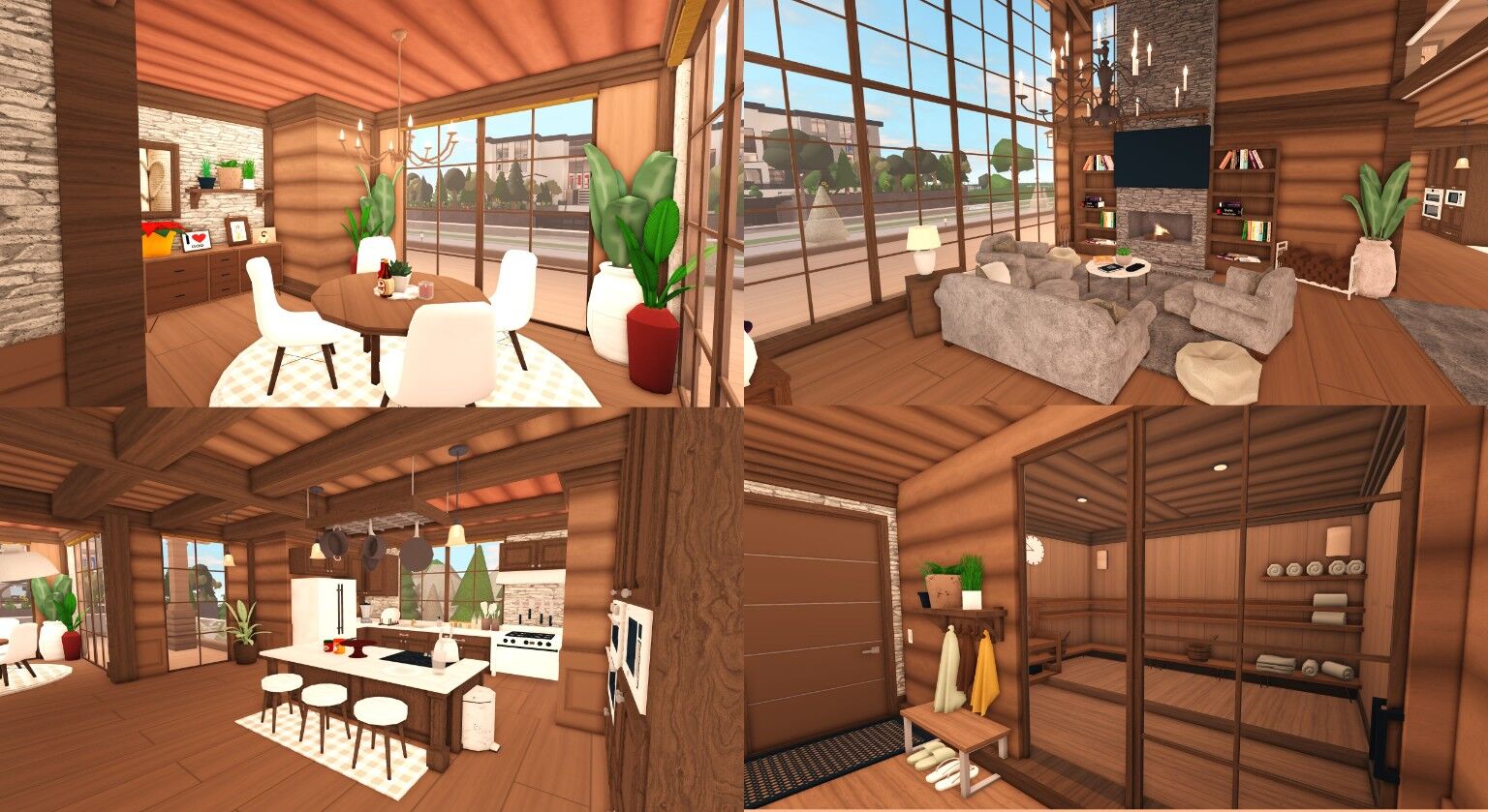 Timberline Lodge interior with log walls, a stone fireplace, a dining table and a kitchen