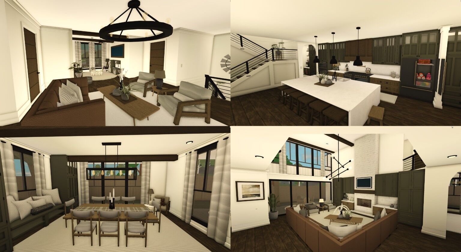 Whitewood Farmhouse living room, kitchen with an island, and dining room in cream and dark wood